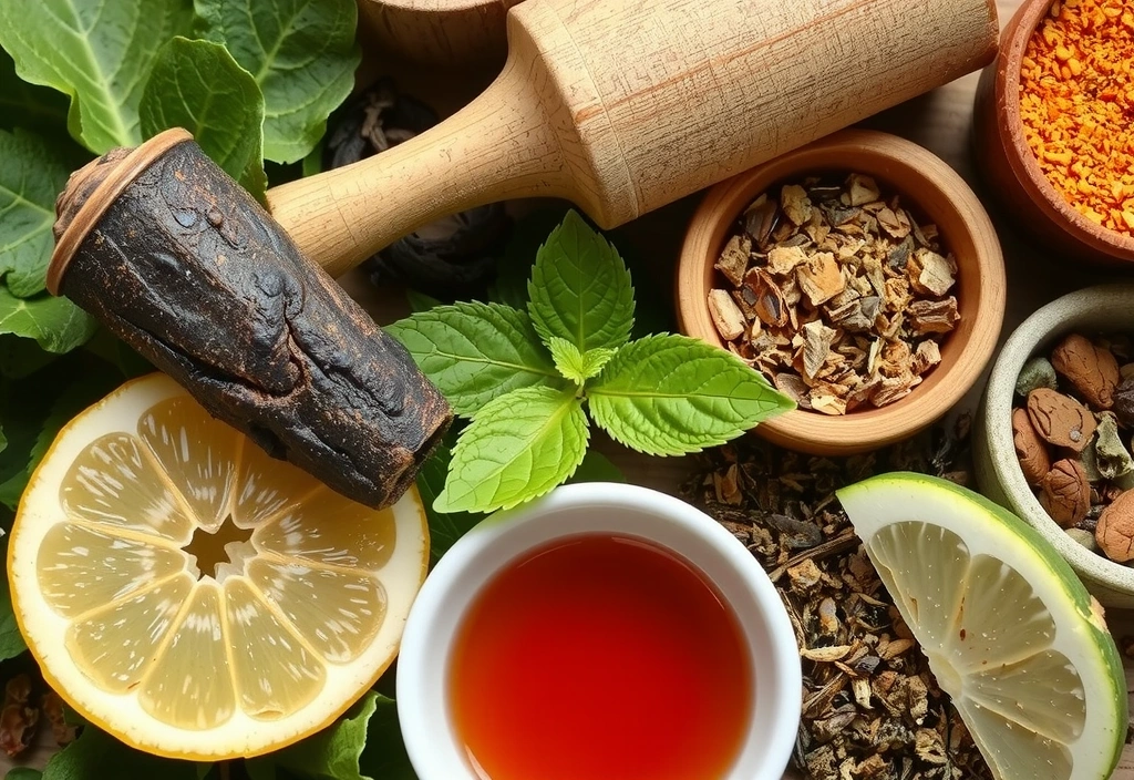 Primer plano de una variedad de hierbas medicinales y tés, simbolizando remedios naturales y salud.