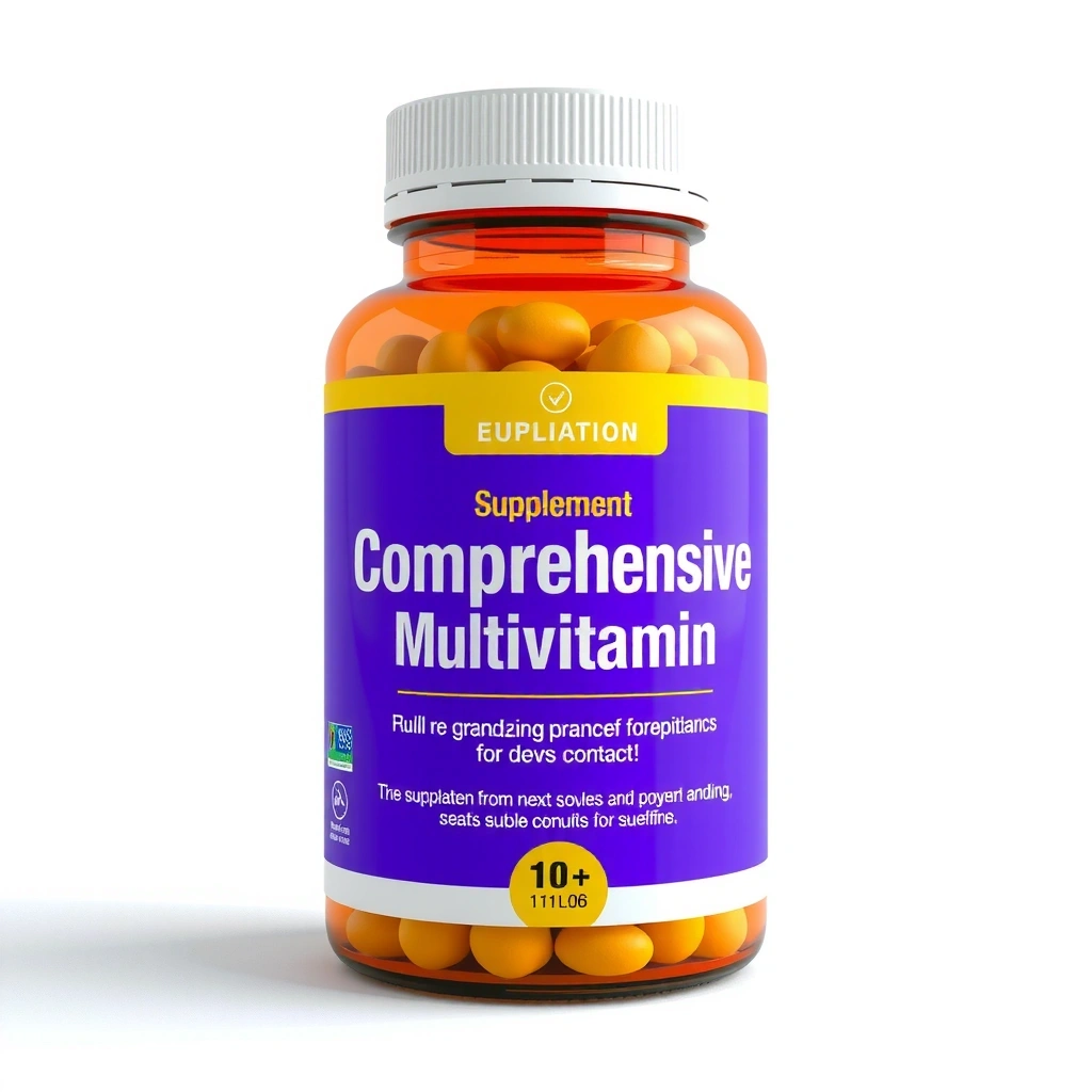 Botella de Multivitamínico Integral, con un diseño vibrante y colores naranjas y amarillos, sobre un fondo blanco.