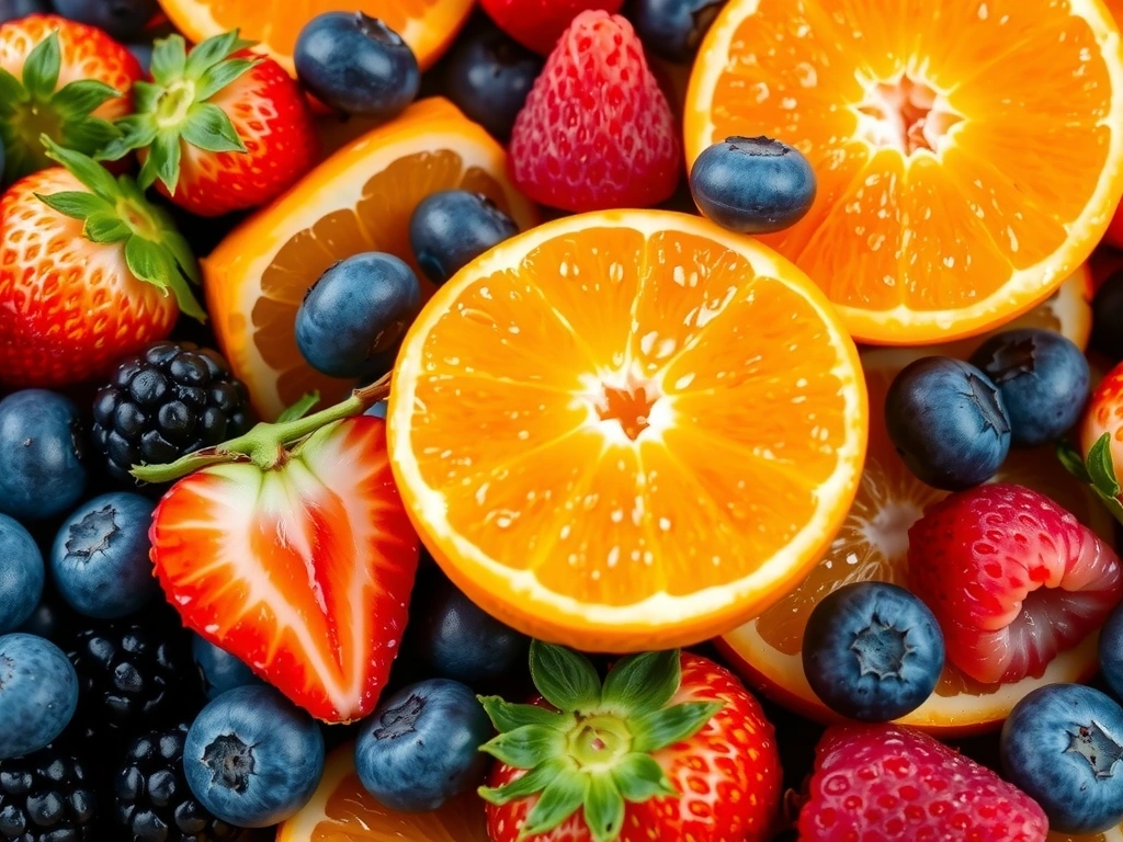 Naranjas jugosas y una mezcla vibrante de bayas frescas (fresas, arándanos, frambuesas) dispuestas artísticamente, con gotas de agua para un efecto refrescante.