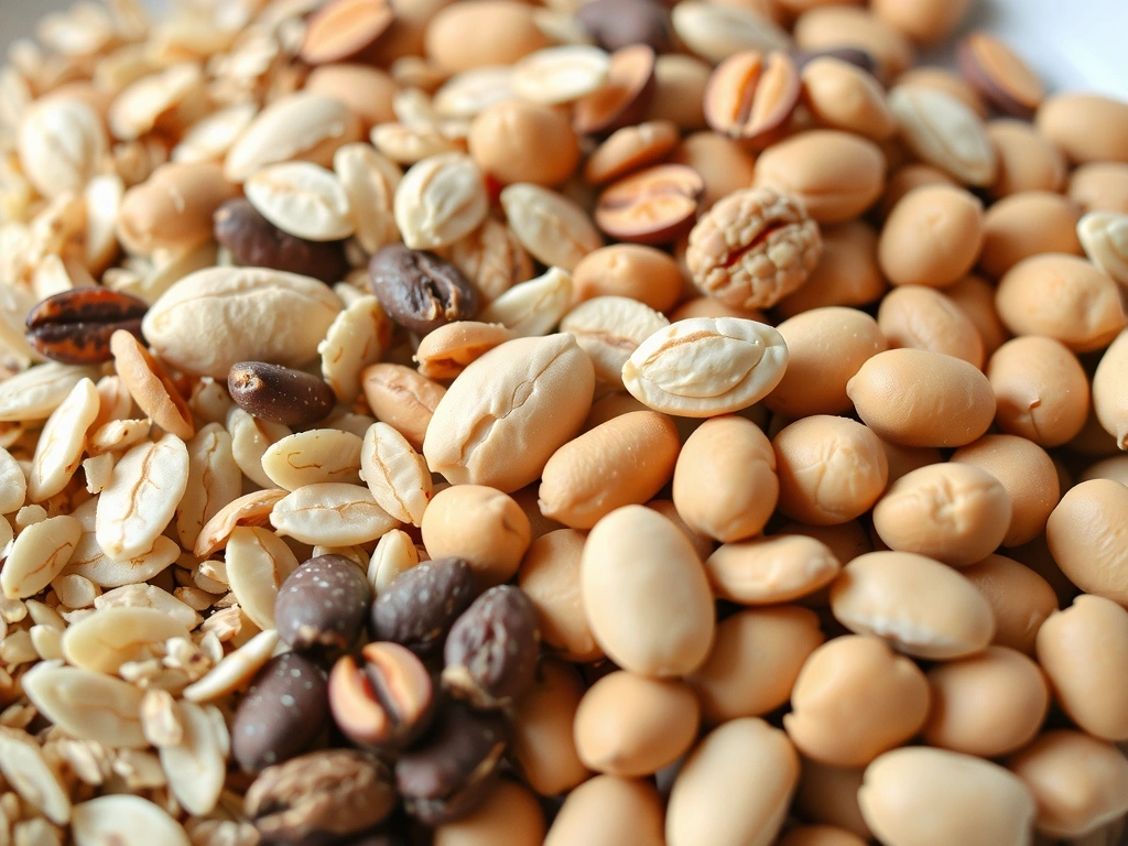 Primer plano de granos integrales como avena y arroz integral, junto a lentejas y garbanzos, mostrando sus texturas naturales y tonos terrosos.