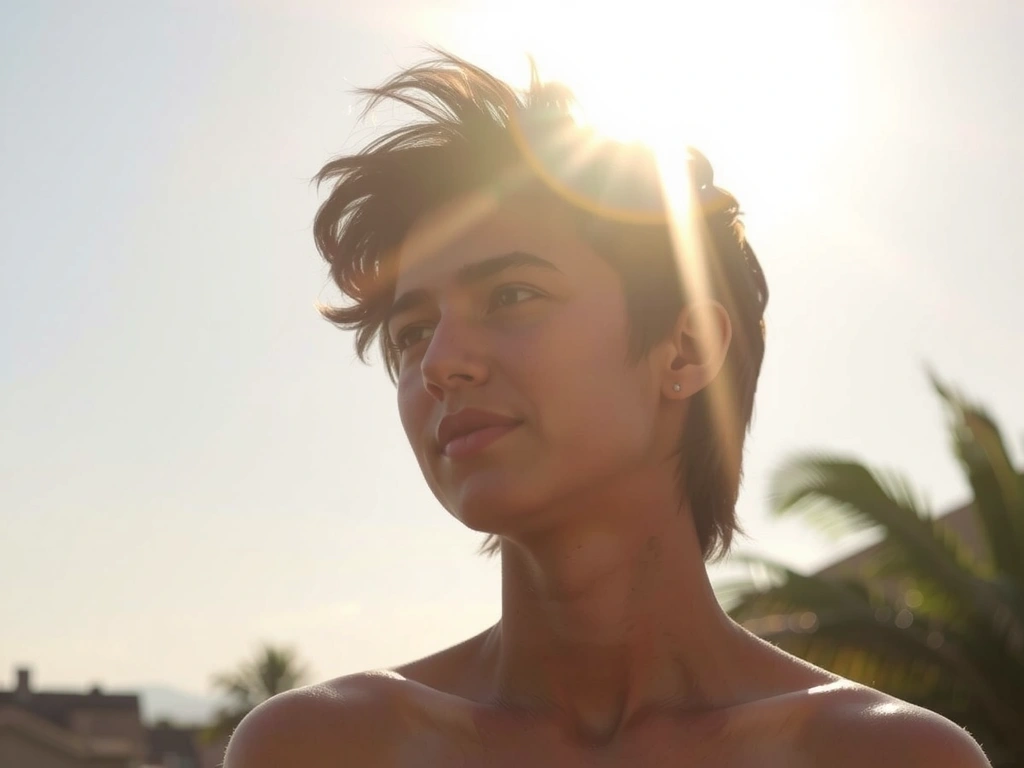 Una persona disfrutando del sol en un día cálido, con los rayos del sol iluminando su rostro y piel, transmitiendo una sensación de bienestar y salud.